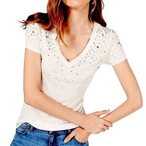 INC International Concepts Embellished Rhinestone Pearl Bling V-Neck Tee Shirt